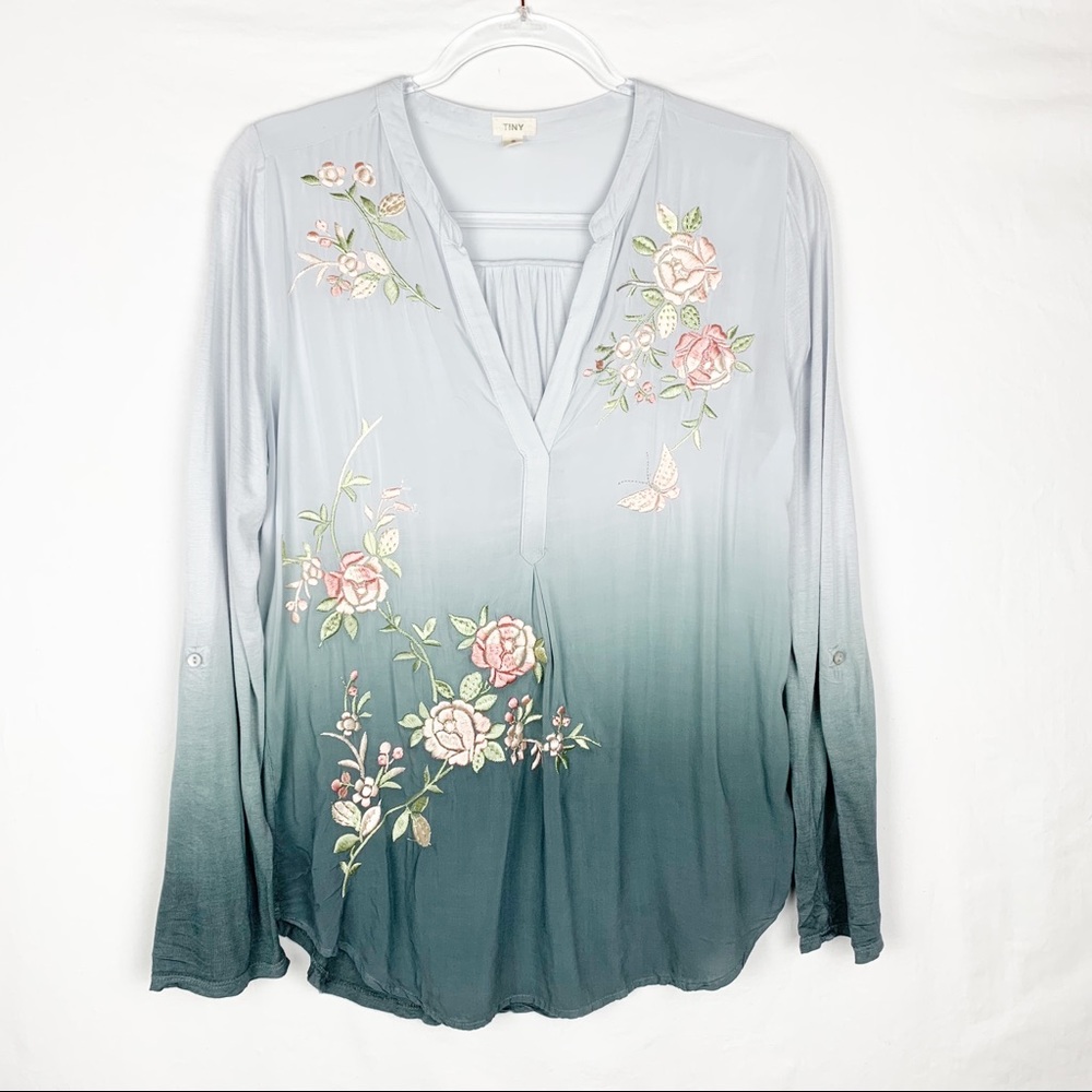 Anthropologie Embroidered Floral Ombré Top Sz S